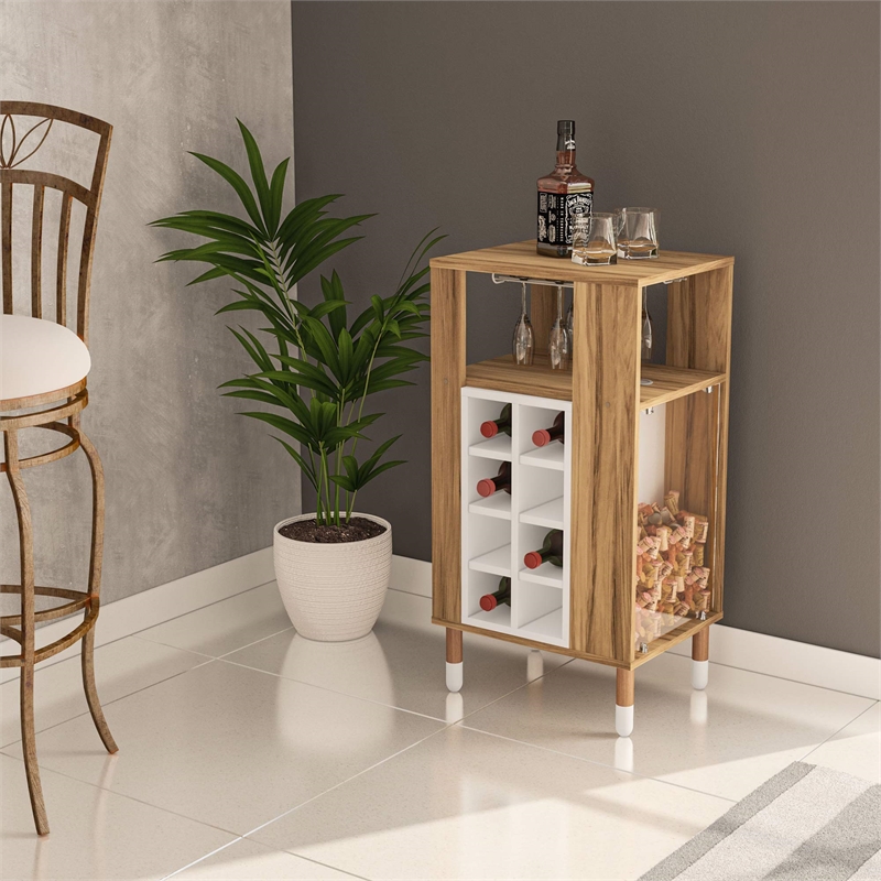Boahaus Brighton Modern Wood Mini Bar with Glass Compartment in White/Brown
