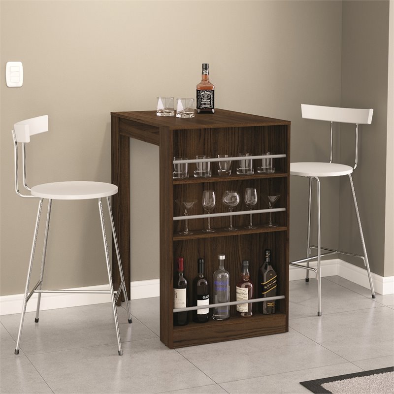 Boahaus Cambridge Modern Wood Bar Table with Wine Storage in Dark Brown