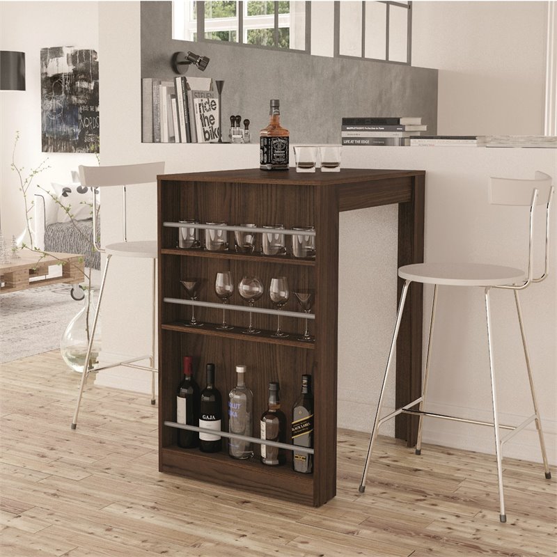 Boahaus Cambridge Modern Wood Bar Table with Wine Storage in Dark Brown