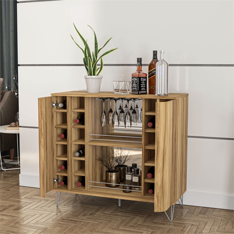 Boahaus Dublin Modern Wood Bar Cabinet with Built-in Wine Rack in Brown