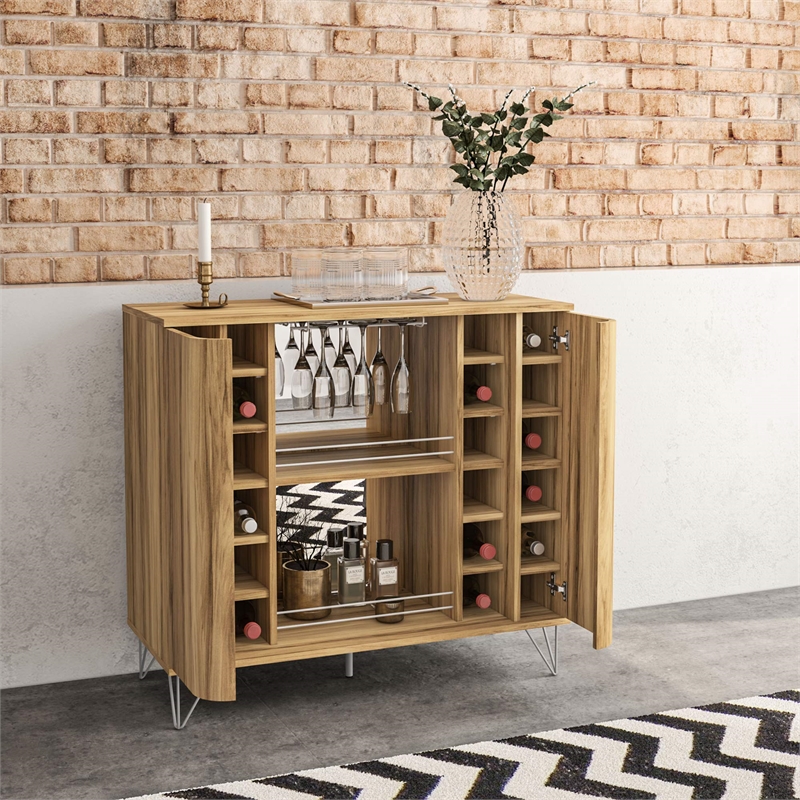 Boahaus Dublin Modern Wood Bar Cabinet with Built-in Wine Rack in Brown