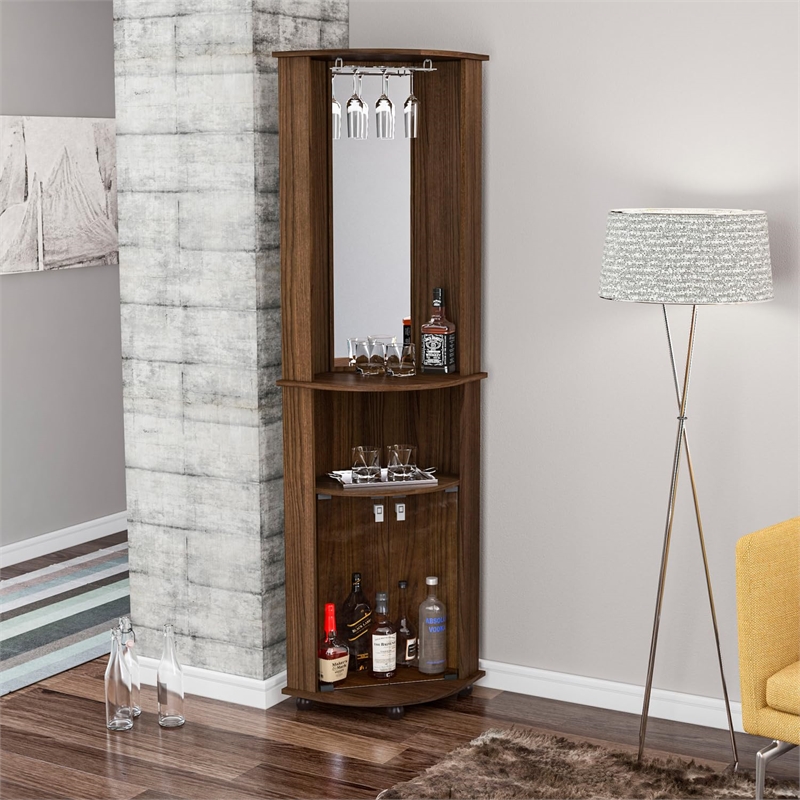 Boahaus Glasgow Modern Wood Corner Bar with Open Compartment in Dark Brown