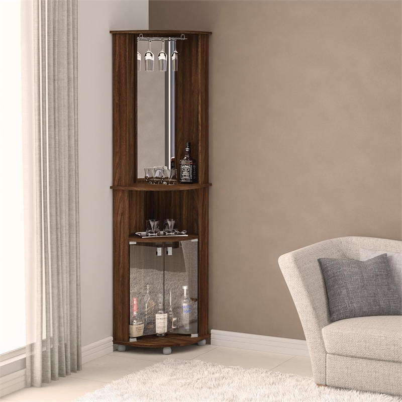 Boahaus Glasgow Modern Wood Corner Bar with Open Compartment in Dark Brown