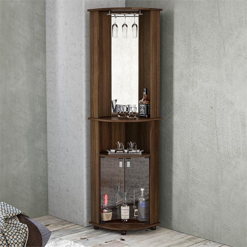 Boahaus Glasgow Modern Wood Corner Bar with Open Compartment in Dark Brown