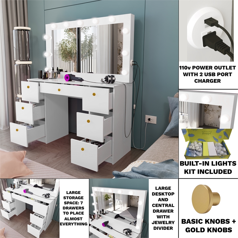 Boahaus Freya Vanity with Light Bulbs (White)
