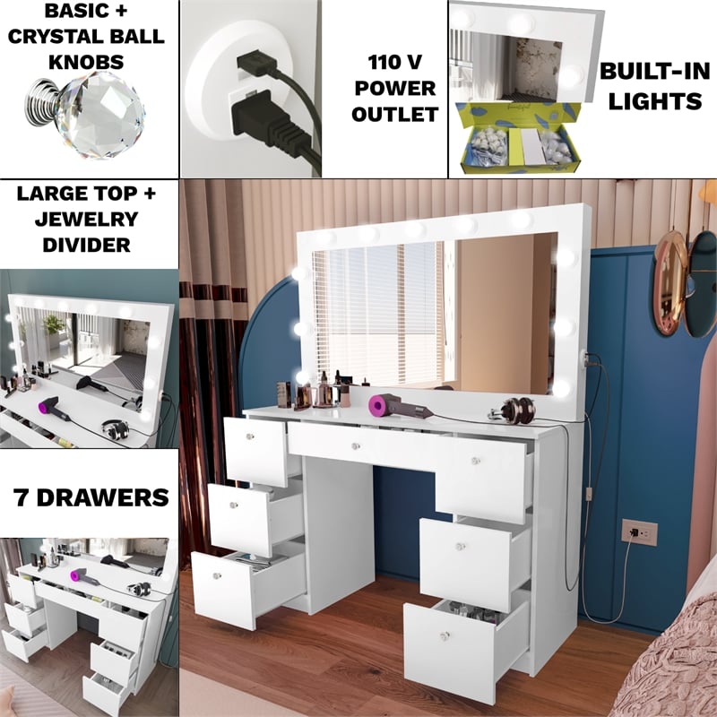 Boahaus Freya Vanity with Light Bulbs (White)