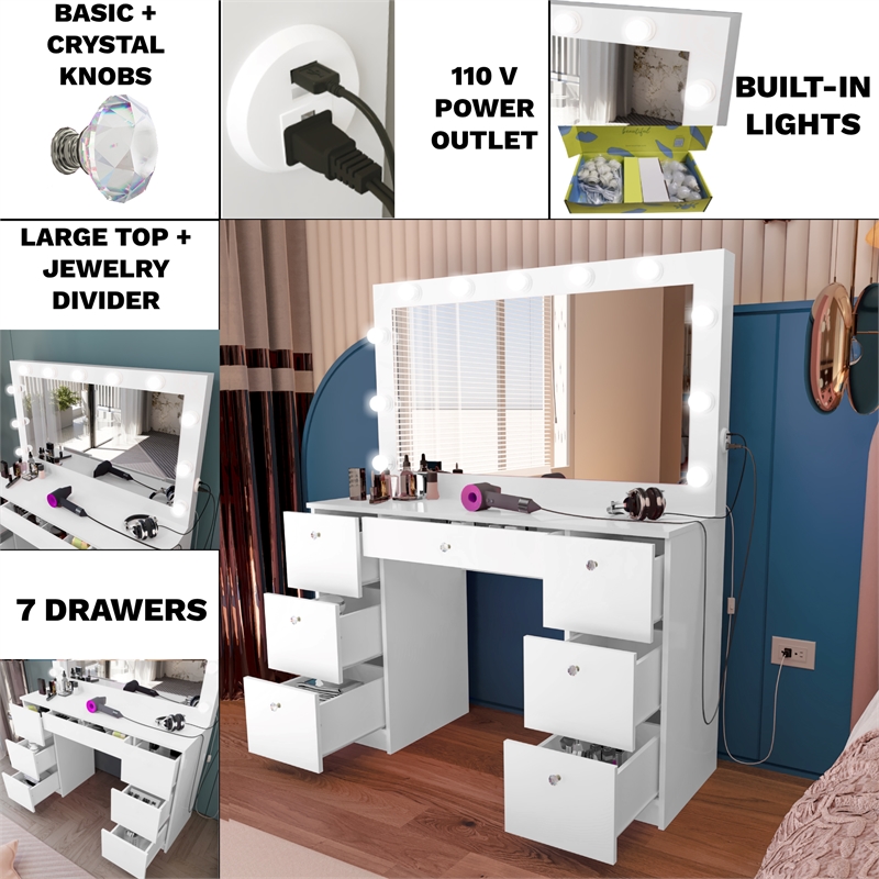 Boahaus Freya Vanity with Light Bulbs (White)