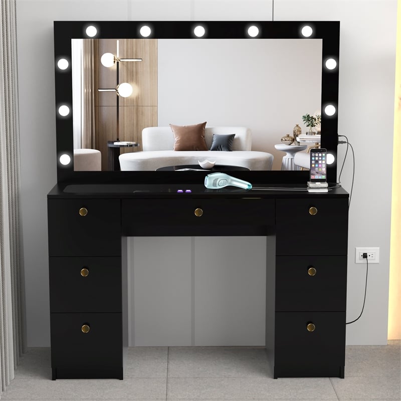 Boahaus Yara Lighted Modern Vanity Table Black Finish for Bedroom
