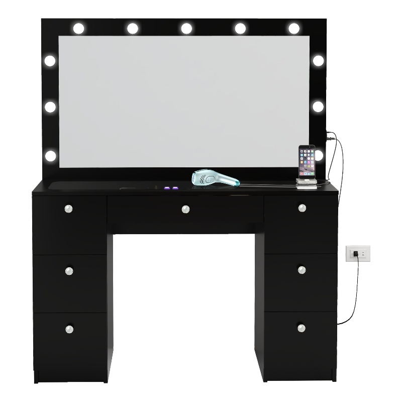 Boahaus Yara Lighted Modern Vanity Table Black Finish for Bedroom