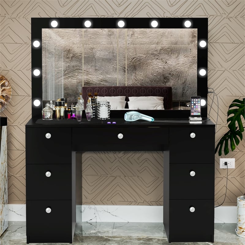 Boahaus Yara Lighted Modern Vanity Table Black Finish for Bedroom ...