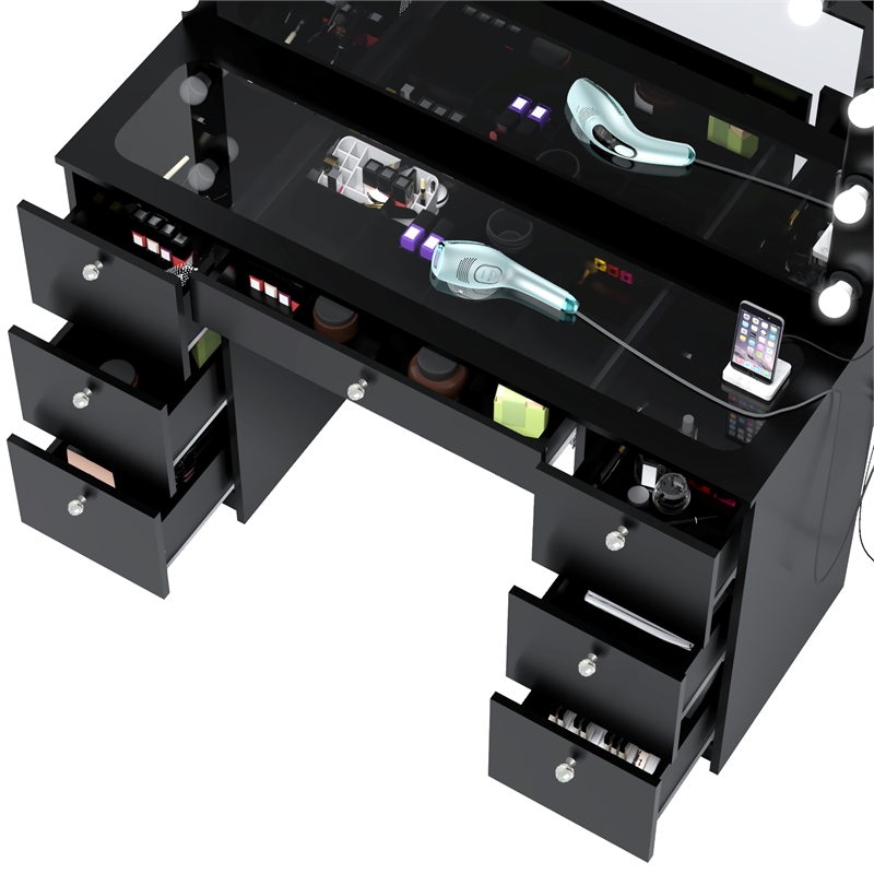 Boahaus Yara Lighted Modern Vanity Table Black Finish for Bedroom