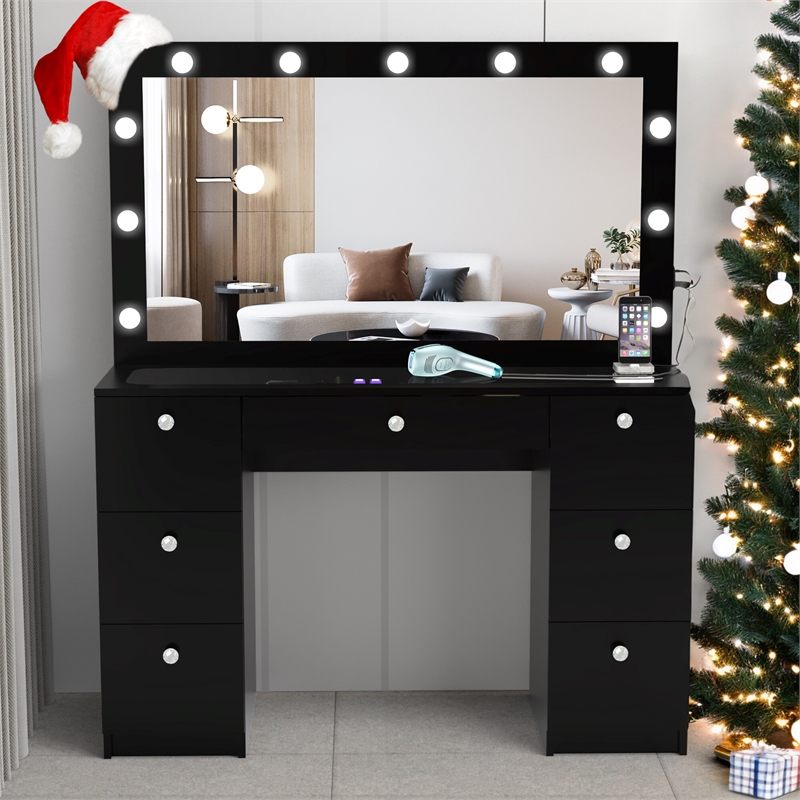 Boahaus Yara Lighted Modern Vanity Table Black Finish for Bedroom