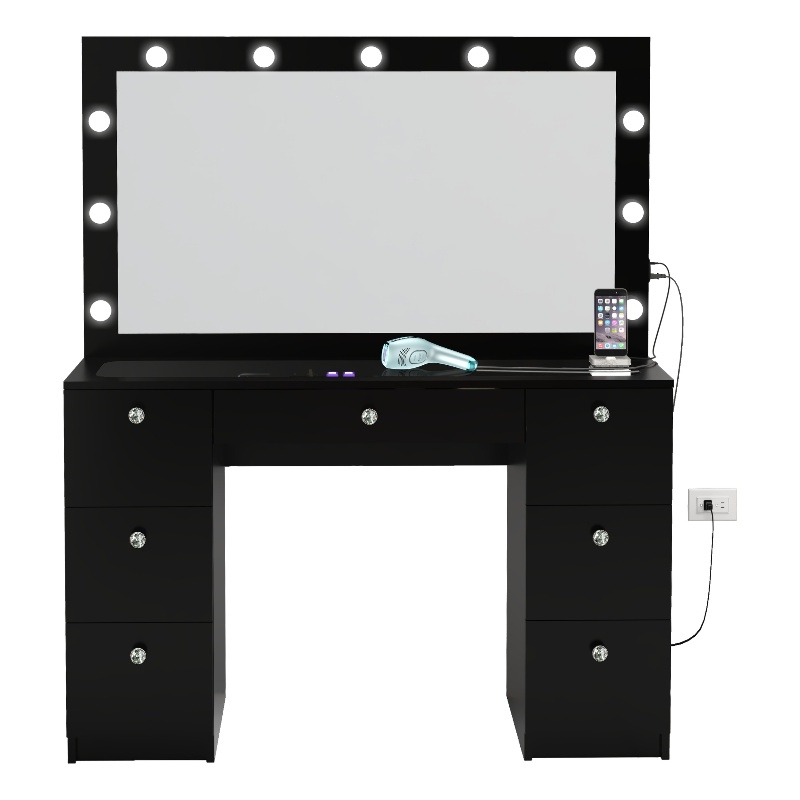 Boahaus Yara Lighted Vanity with Glass Top (Black)