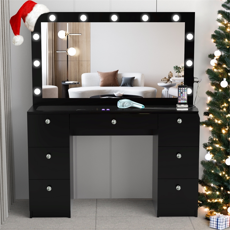Boahaus Yara Lighted Vanity with Glass Top (Black)