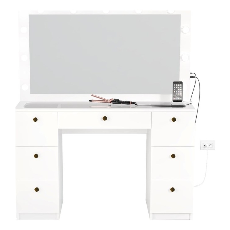 Boahaus Yara White Vanity Table - Built-in Lights - Golden Knobs - for Bedroom