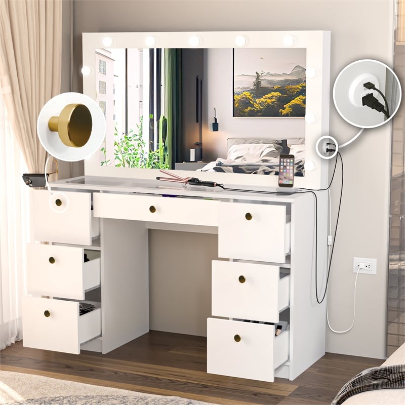 Boahaus Yara White Vanity Table - Built-in Lights - Golden Knobs - for Bedroom