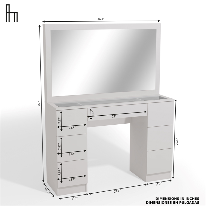 Boahaus Yara White Vanity Table - Built-in Lights - Golden Knobs - for Bedroom