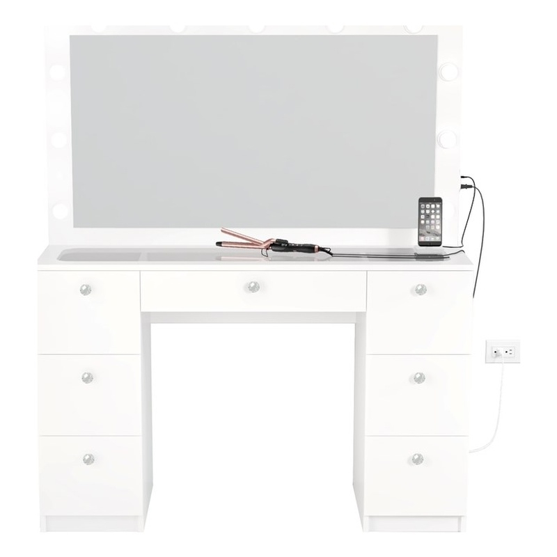 Boahaus Yara White Vanity Table - Built-in Lights - Crystal Ball Knobs