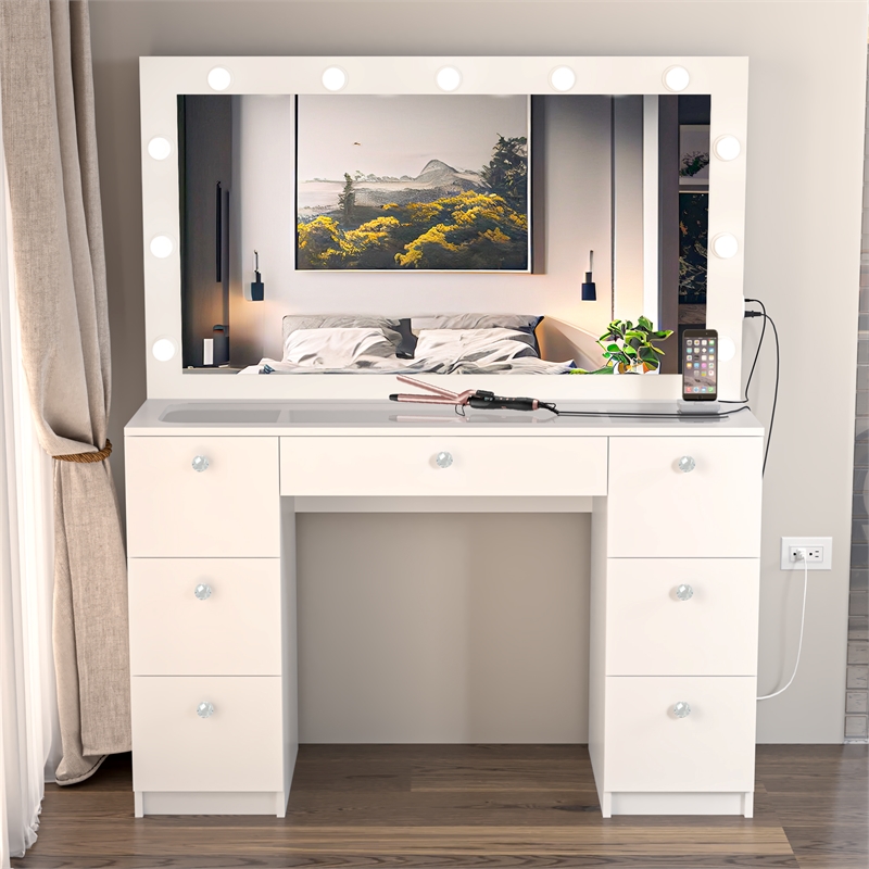 Boahaus Yara White Vanity Table - Built-in Lights - Crystal Ball Knobs