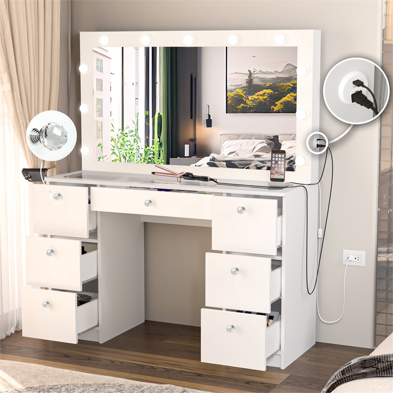 Boahaus Yara White Vanity Table - Built-in Lights - Crystal Ball Knobs