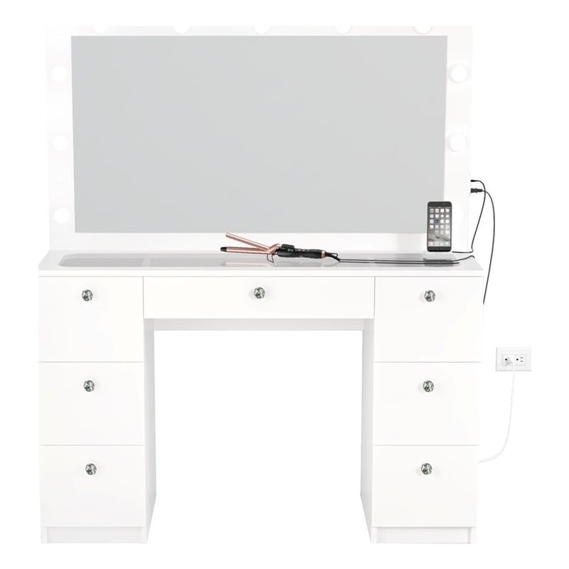 Boahaus Yara Modern Vanity Table - Built-in Lights - White Finish - for Bedroom