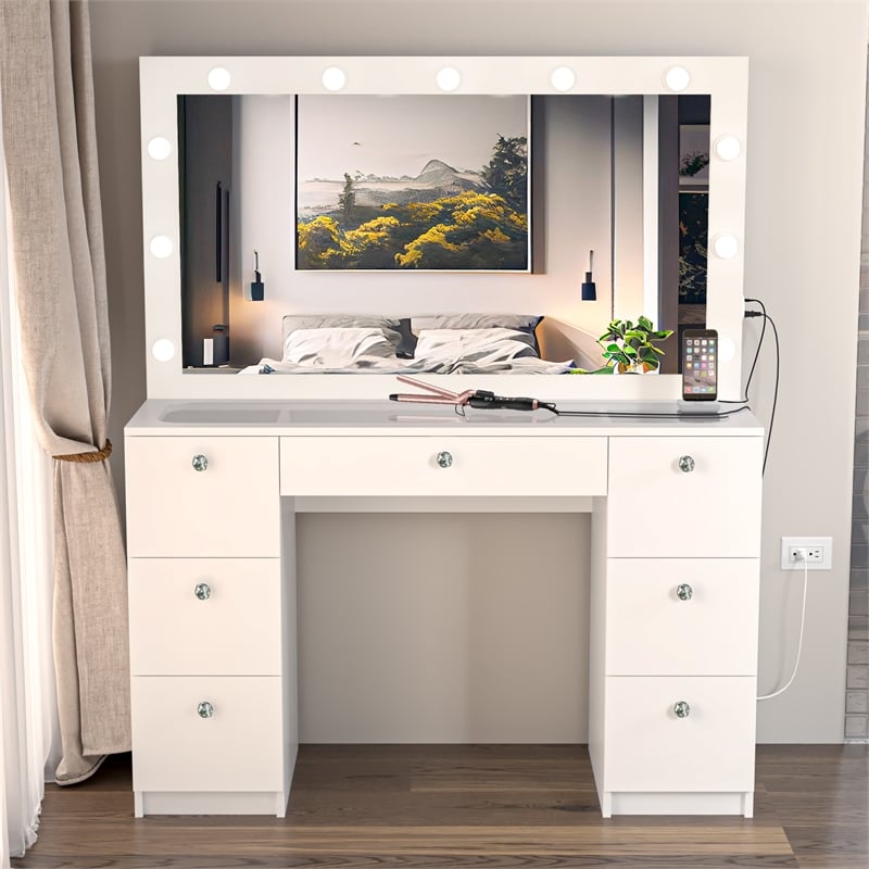 Boahaus Yara Modern Vanity Table - Built-in Lights - White Finish - for Bedroom