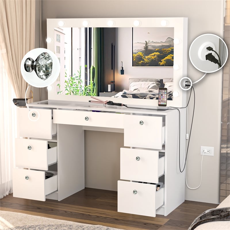 Boahaus Yara Modern Vanity Table - Built-in Lights - White Finish - for Bedroom