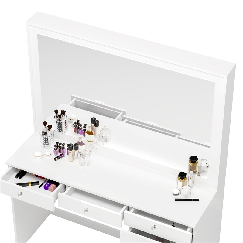 Boahaus Joan White Makeup Vanity Desk (Crystal Ball Knobs)