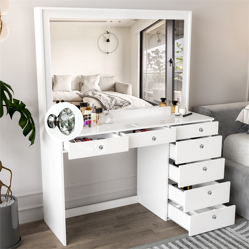 Boahaus Joan White Makeup Vanity Desk (Crystal Knobs)