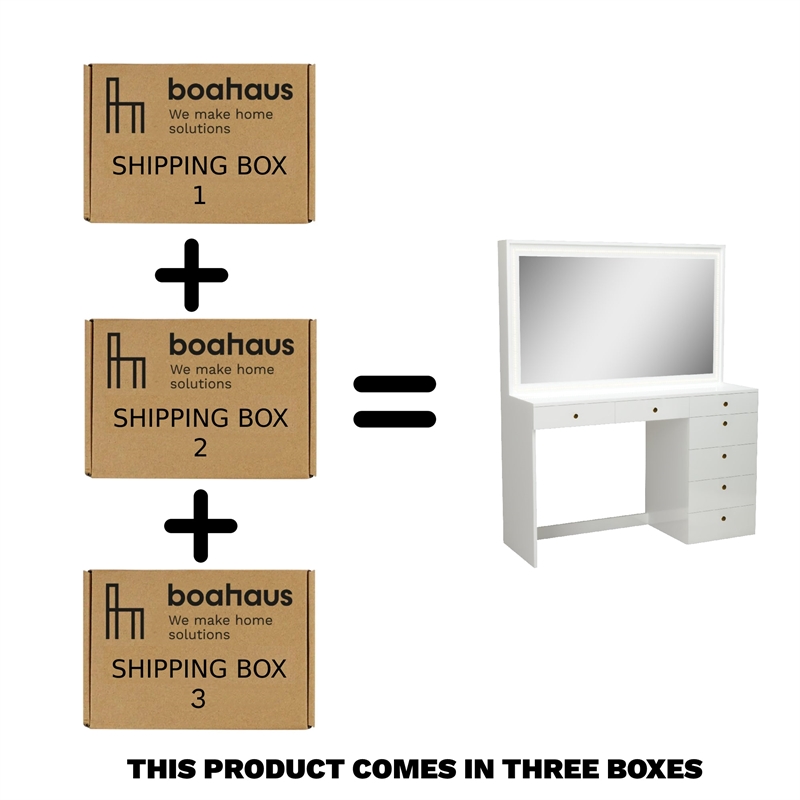 Boahaus Selene White Makeup Vanity Desk with LED Lights (Gold Knobs)