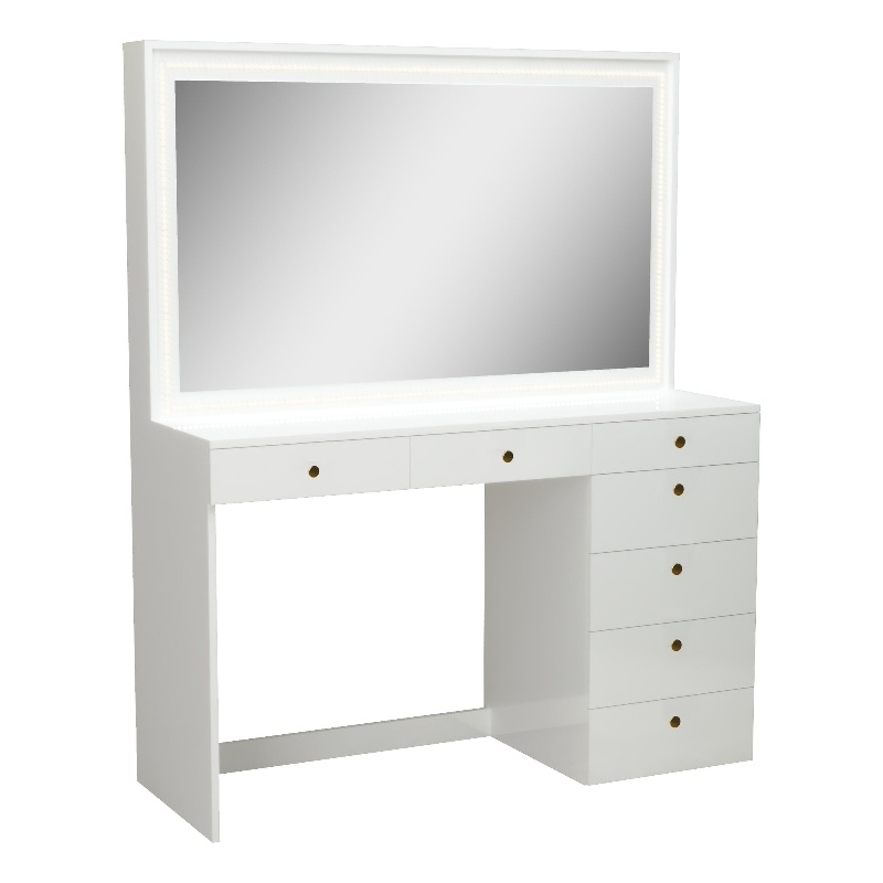 Boahaus Selene White Makeup Vanity Desk with LED Lights (Gold Knobs)