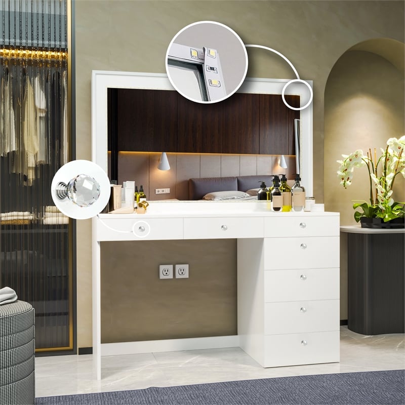 Boahaus Selene White Makeup Vanity Desk with LED Lights (Crystal Ball Knobs)