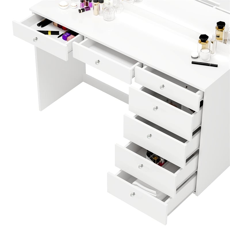 Boahaus Selene White Makeup Vanity Desk with LED Lights (Crystal Ball Knobs)
