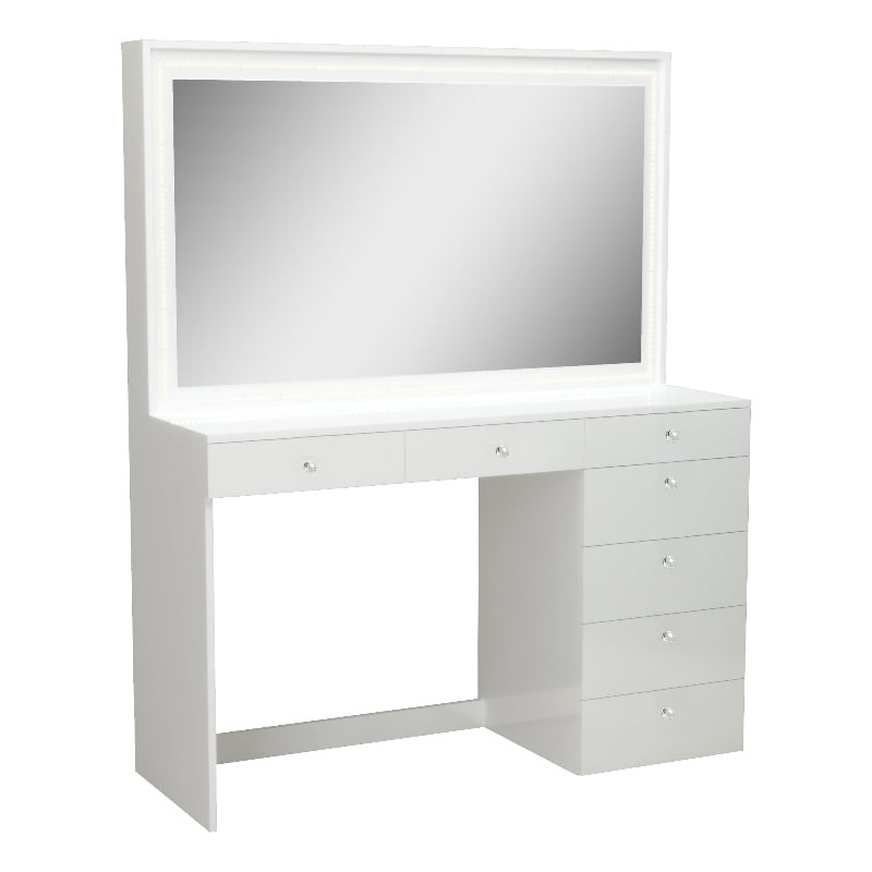 Boahaus Selene White Makeup Vanity Desk with LED Lights (Crystal Ball Knobs)