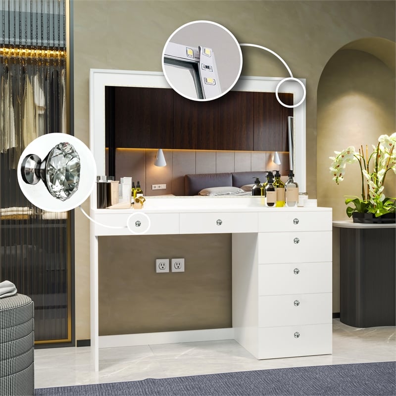 Boahaus Selene White Makeup Vanity Desk with LED Lights (Crystal Knobs)