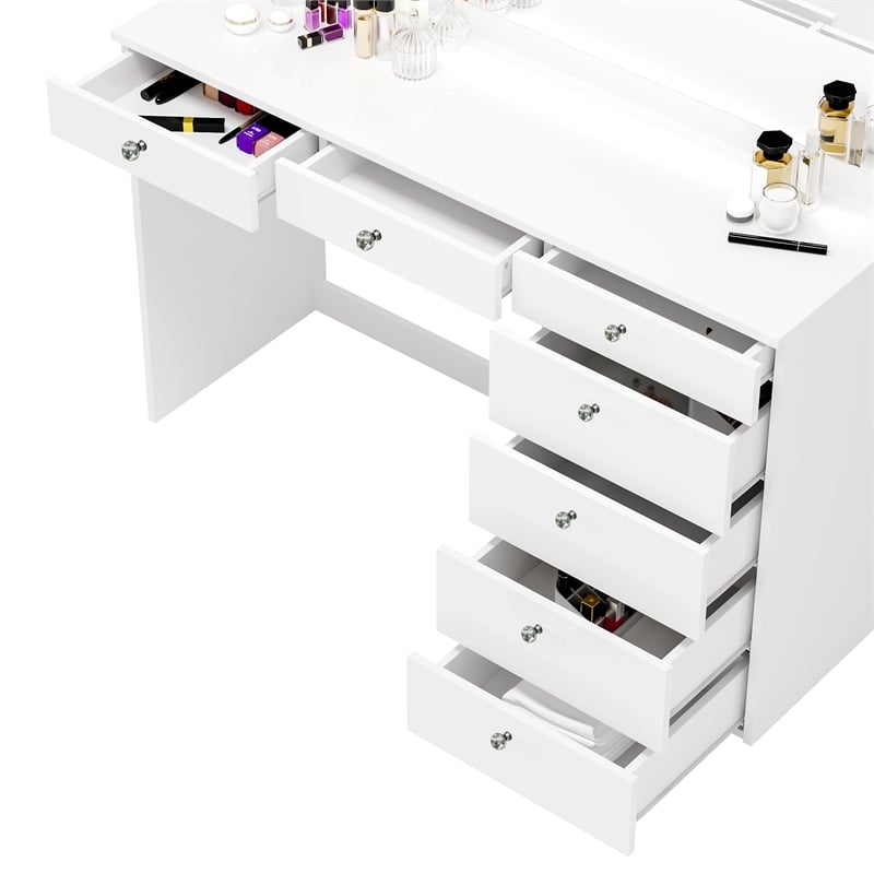 Boahaus Selene White Makeup Vanity Desk with LED Lights (Crystal Knobs)