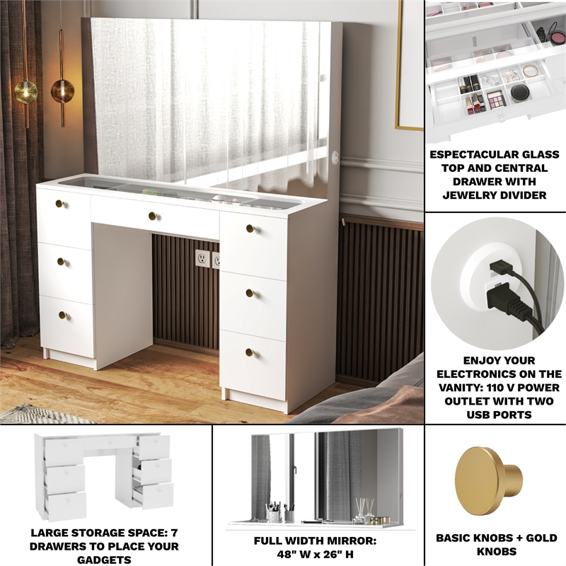 Boahaus Venus White Makeup Vanity Desk (Gold Knobs)