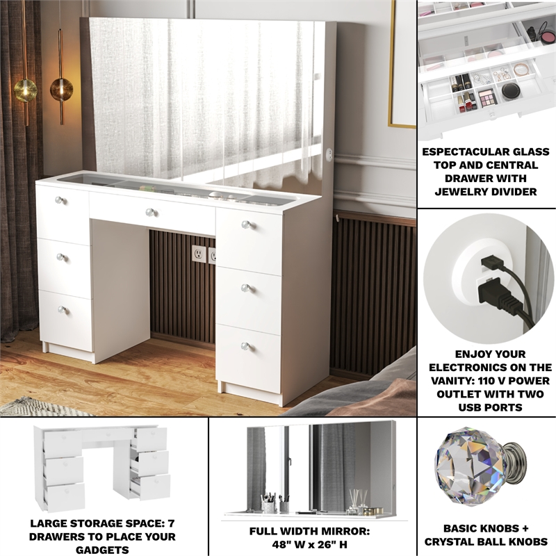 Boahaus Venus White Makeup Vanity Desk (Crystal Ball Knobs)