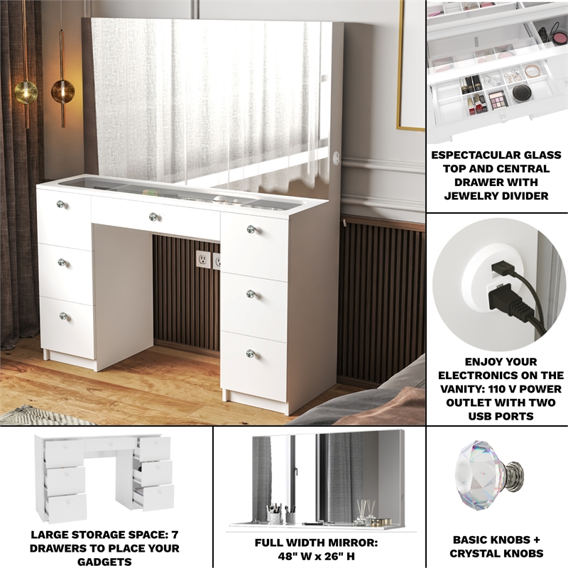 Boahaus Venus White Makeup Vanity Desk (Crystal Knobs)
