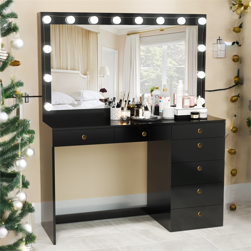 Boahaus Diana Black Makeup Vanity Desk Light Bulbs (Gold Knobs)