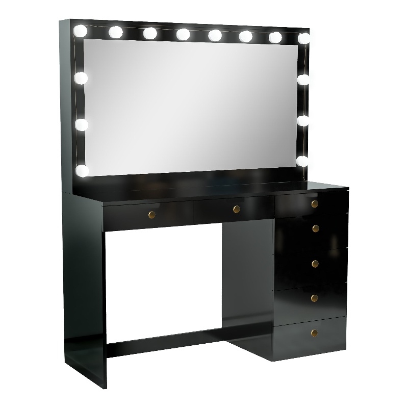 Boahaus Diana Black Makeup Vanity Desk Light Bulbs (Gold Knobs)