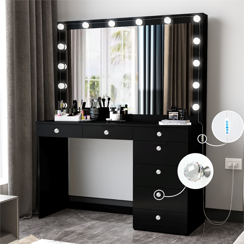 Boahaus Diana Black Makeup Vanity Desk (Crystal Ball Knobs)