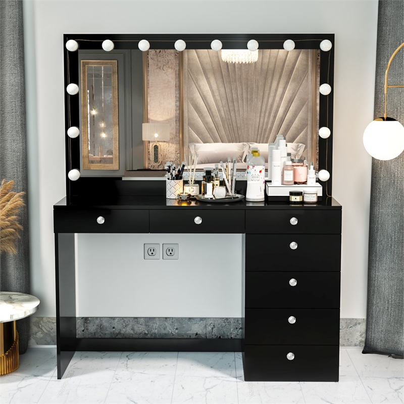 Boahaus Diana Black Makeup Vanity Desk (Crystal Ball Knobs)