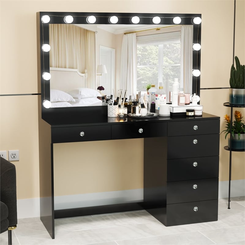 Boahaus Diana Black Makeup Vanity Desk (Crystal Knobs)