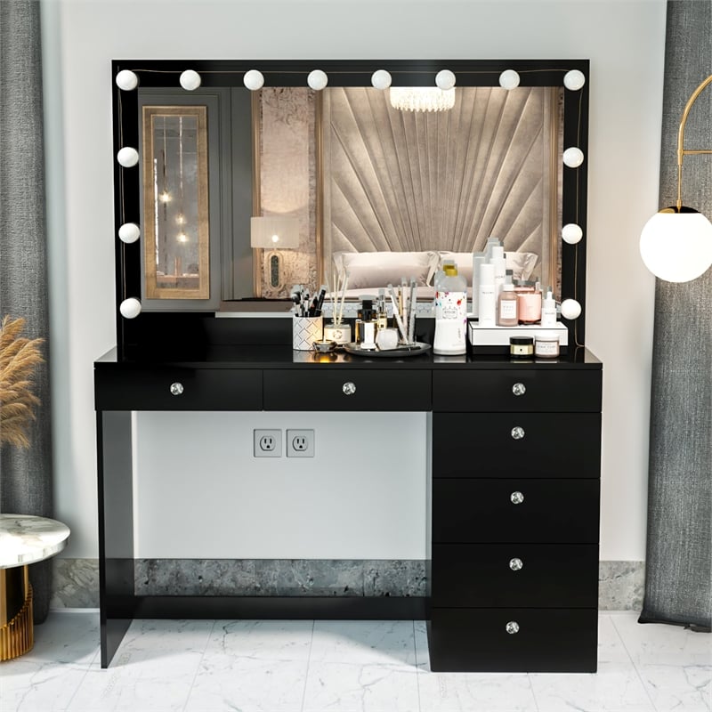Boahaus Diana Black Makeup Vanity Desk (Crystal Knobs)
