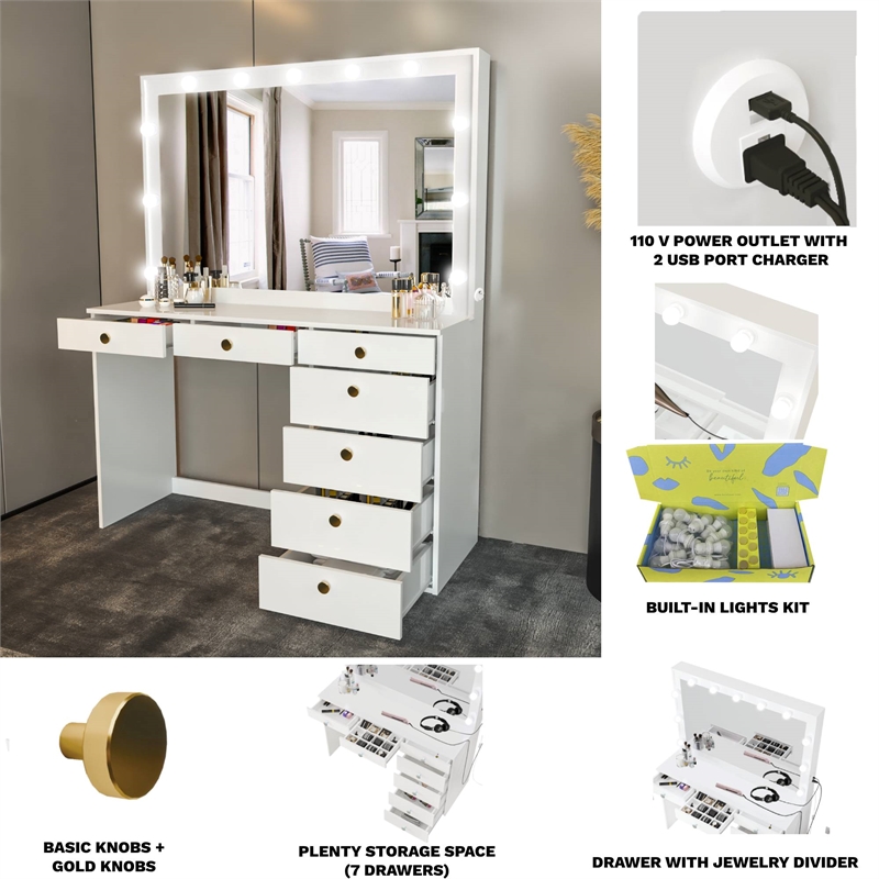 Boahaus Diana White Dressing Table Light Bulbs (Gold Knobs)