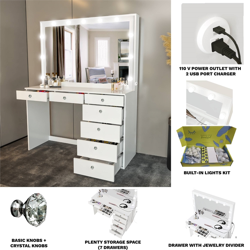 Boahaus Diana White Dressing Table Light Bulbs (Crystal Knobs)