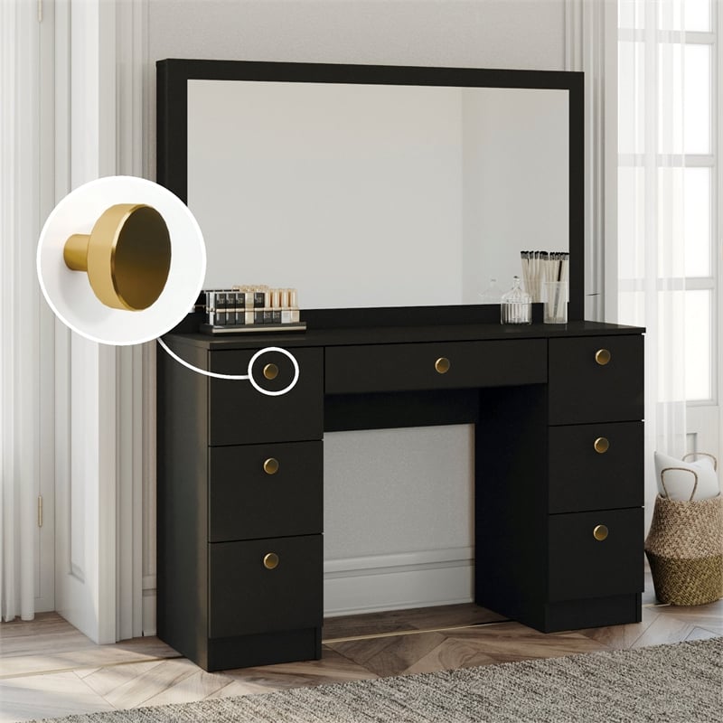 Boahaus Black Artemisia Makeup Vanity Desk (Gold Knobs)