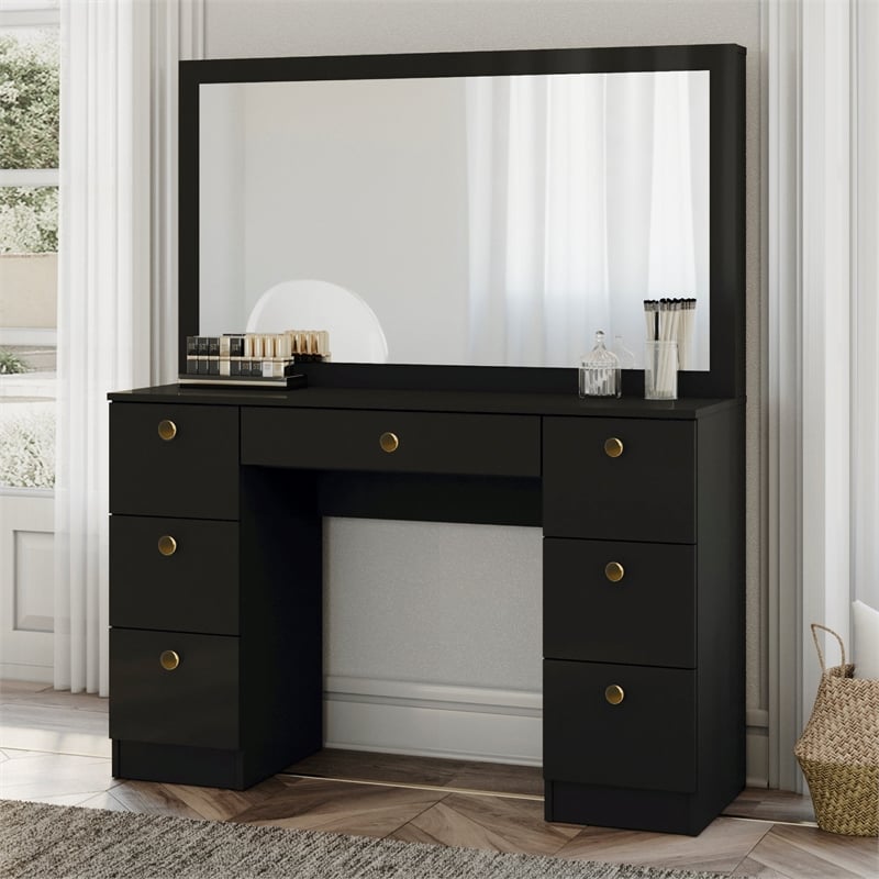 Boahaus Black Artemisia Makeup Vanity Desk (Gold Knobs)