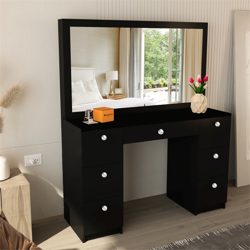 Boahaus Black Artemisia Makeup Vanity Desk (Crystal Ball Knobs)